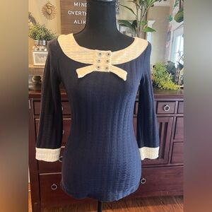 Navy and Cream Knit Boatneck Top with Decorative Buttons
